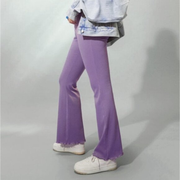 Cute Retro Hippy Lavender Flare Rib-knit Pants- Lettuce Trim - Picture 7 of 14